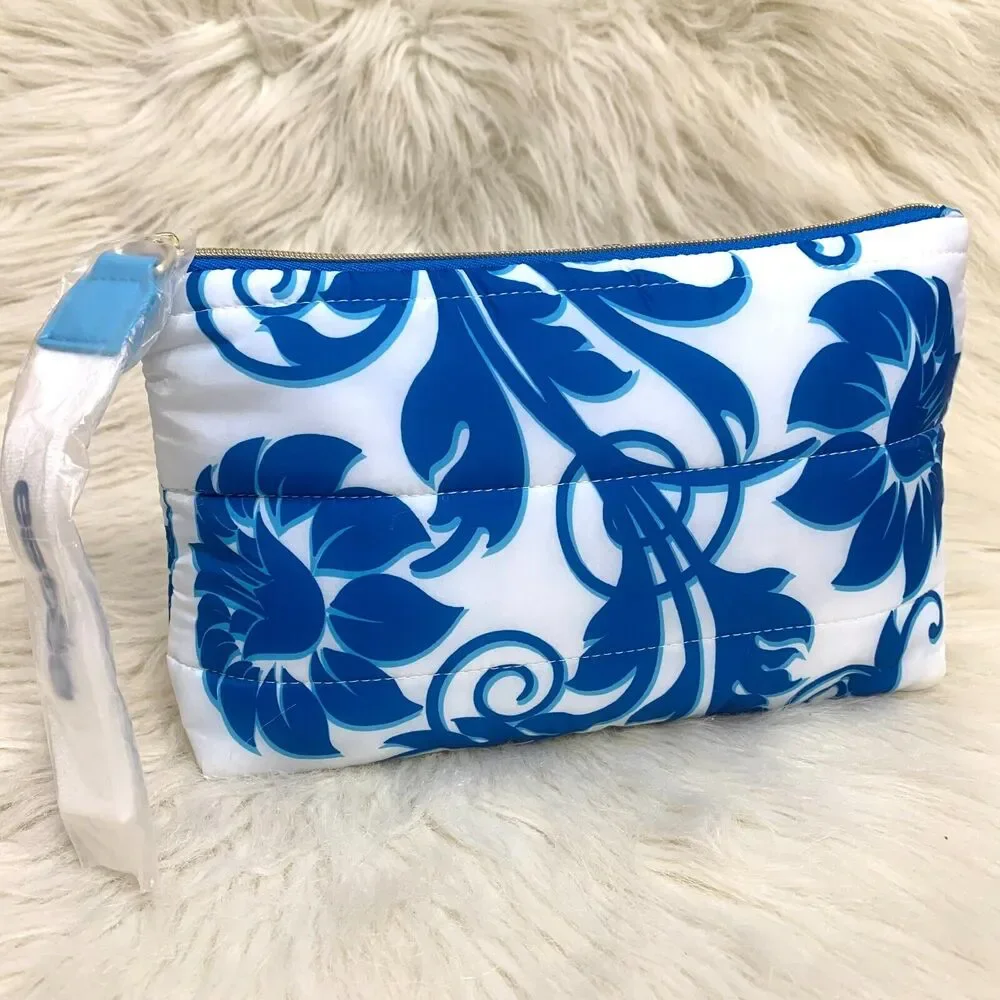 ESTEE LAUDER Puffy Blue & White Floral Cosmetics Bag Makeup Case